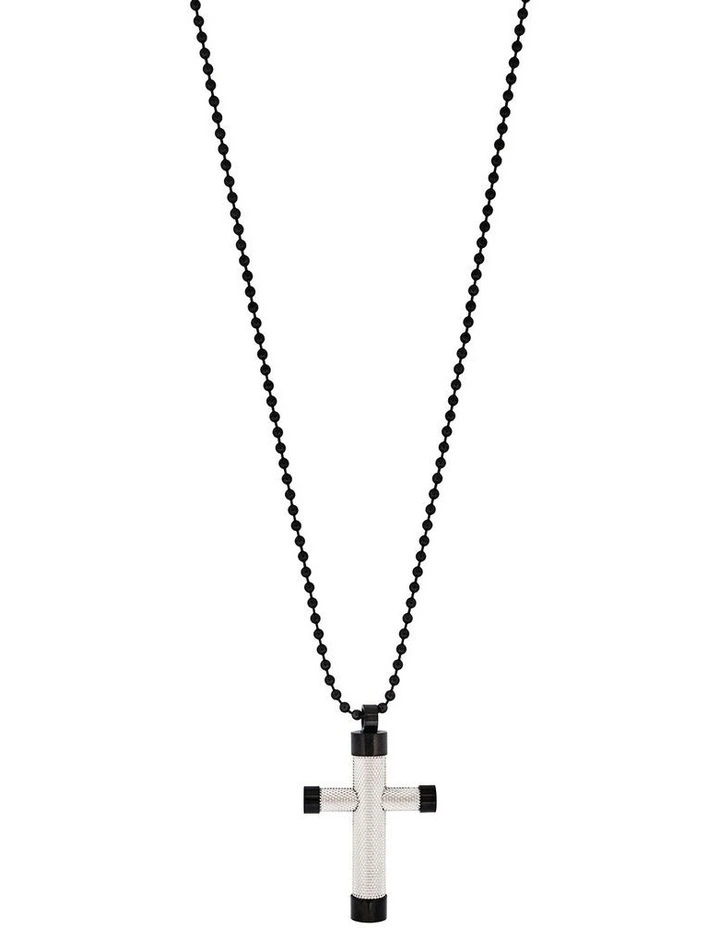 Ion Plated Polished Textured Stainless Steel Cross Pendan 55cm Ball Chain in Black image 1