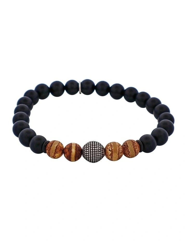 Agate & Earth Stone Antique Steel Bead Bracelet in Black image 1