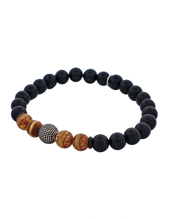 Agate & Earth Stone Antique Steel Bead Bracelet in Black image 3