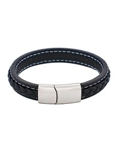 Savage Stitched Leather & Stainless Steel Bracelet in Black