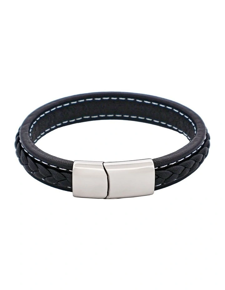 Savage Stitched Leather & Stainless Steel Bracelet in Black image 1