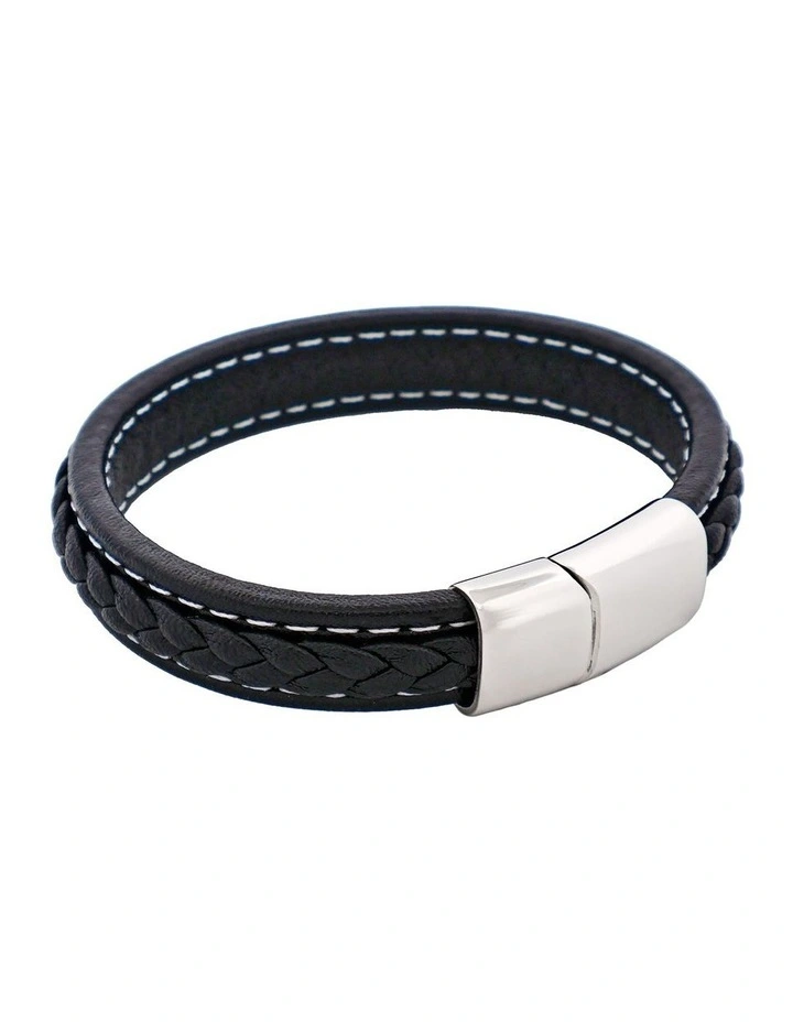 Savage Stitched Leather & Stainless Steel Bracelet in Black image 2
