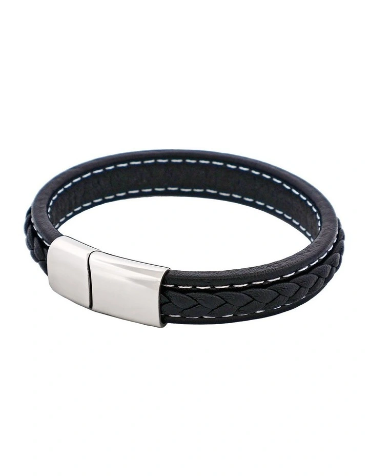 Savage Stitched Leather & Stainless Steel Bracelet in Black image 3