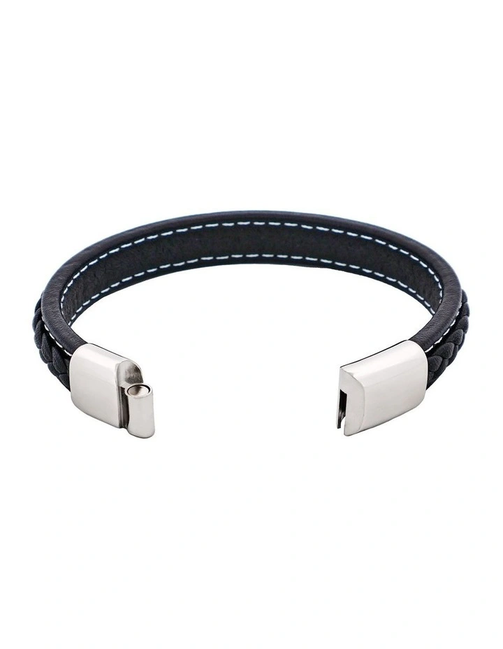 Savage Stitched Leather & Stainless Steel Bracelet in Black image 4