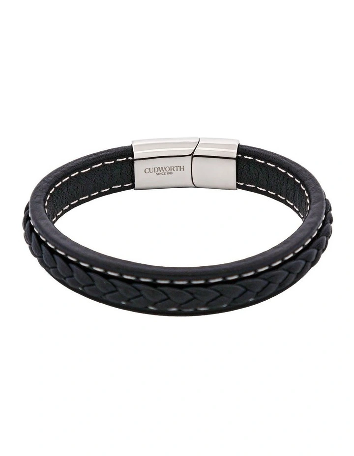 Savage Stitched Leather & Stainless Steel Bracelet in Black image 5
