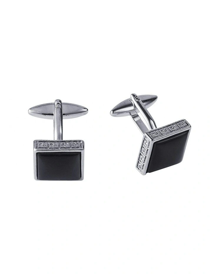 Square Cats Eye and Greek Key Boarder Cufflinks in Black image 1