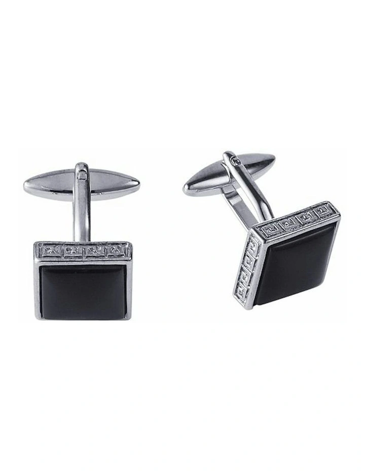 Square Cats Eye and Greek Key Boarder Cufflinks in Black image 2