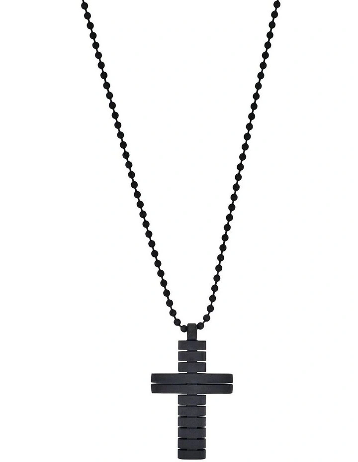 Ion Plated Horizontal Stripe Stainless Steel Cross Pendant on Ball Chain in Black image 1