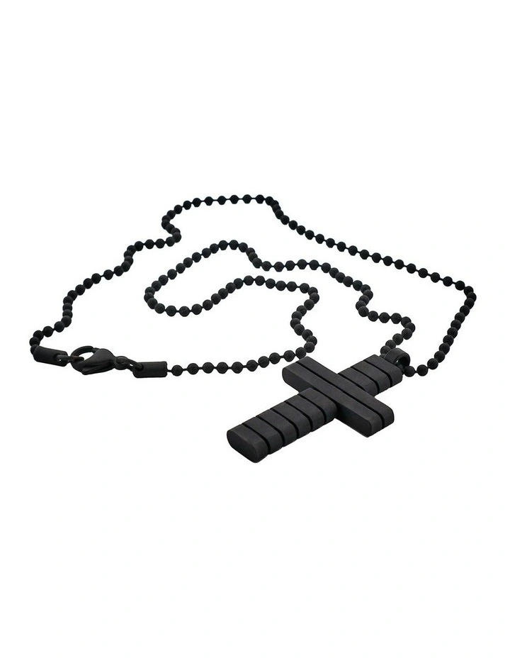 Ion Plated Horizontal Stripe Stainless Steel Cross Pendant on Ball Chain in Black image 3