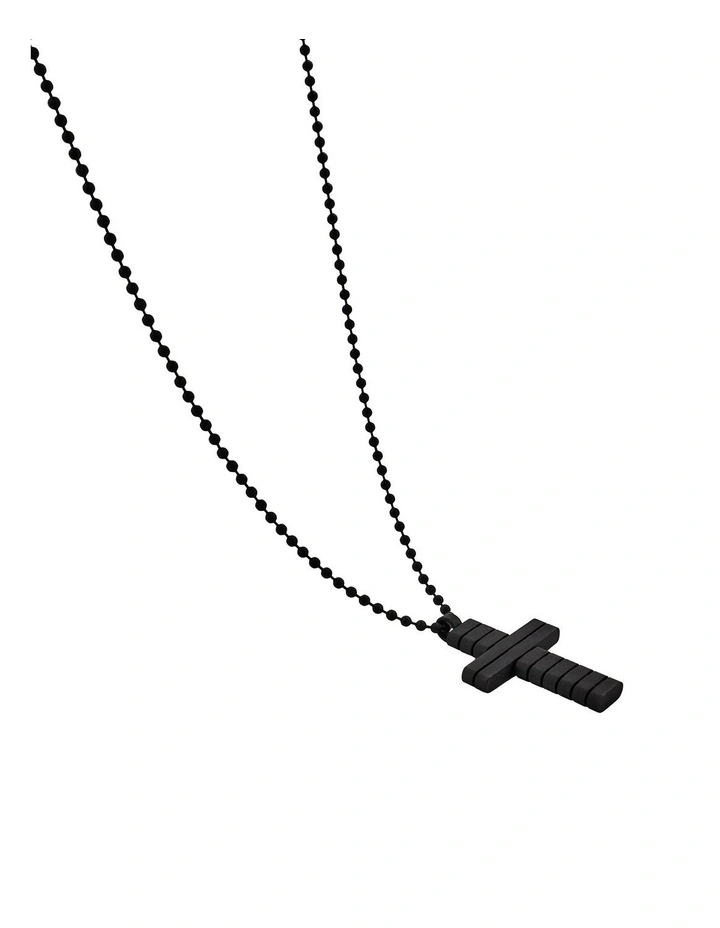 Ion Plated Horizontal Stripe Stainless Steel Cross Pendant on Ball Chain in Black image 4