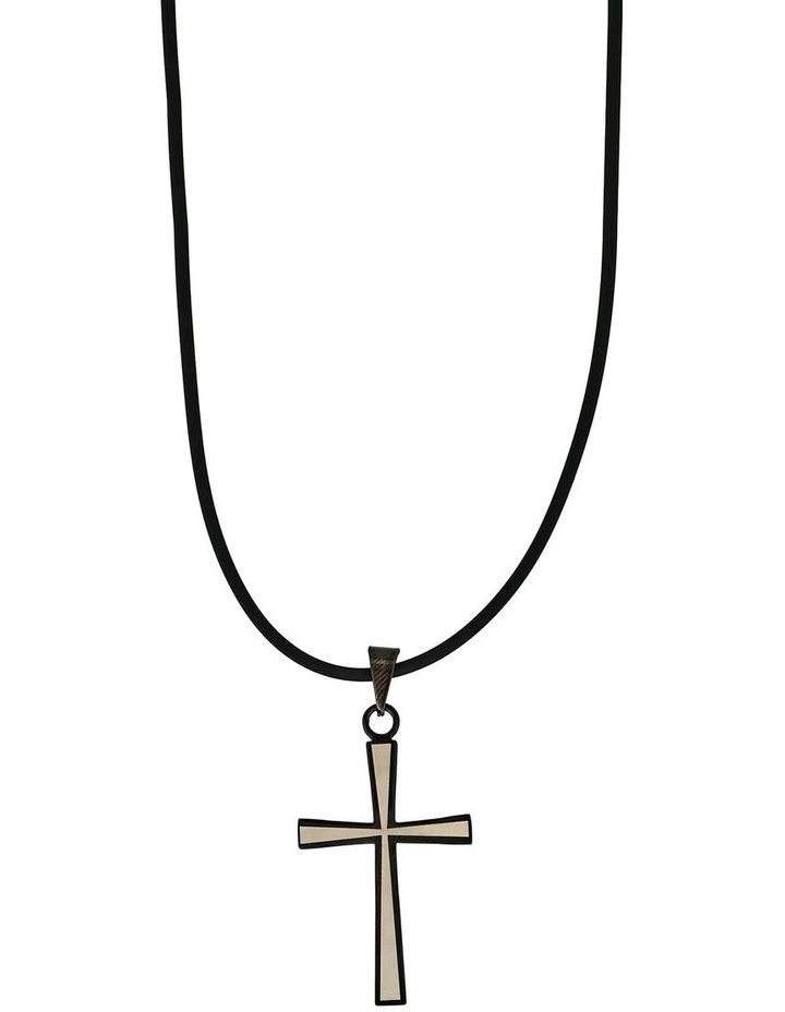 Stainless Steel & Cross Pendant on Rubber Chain in Black image 1