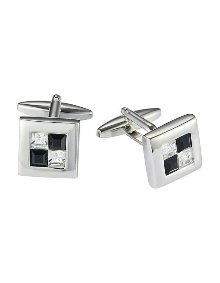 Cudworth Rhodium Plated Jet & Crystal Check Cufflinks In Black MYER