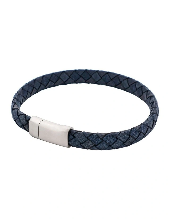 Thin Italian Leather & Stainless Steel Bracelet in Blue image 2