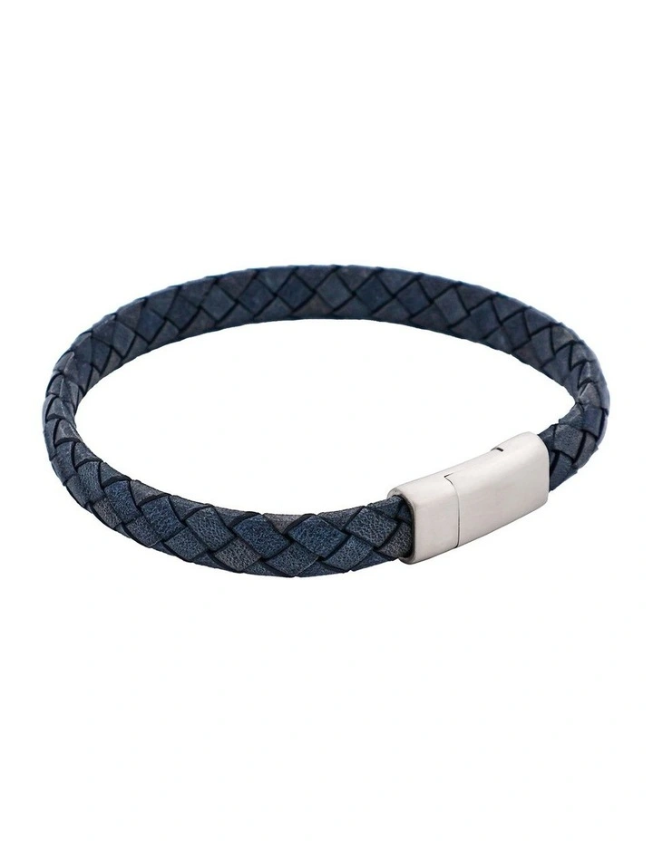 Thin Italian Leather & Stainless Steel Bracelet in Blue image 3