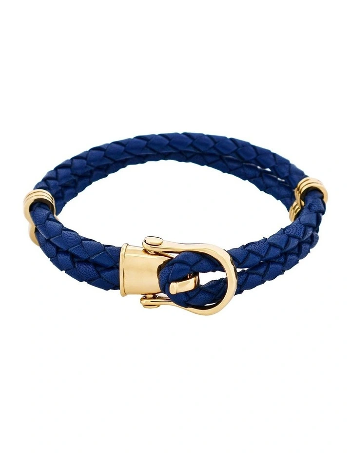 Ion Plated 14k Gold Stainless Steel Leather Buckle Bracelet in Blue image 1
