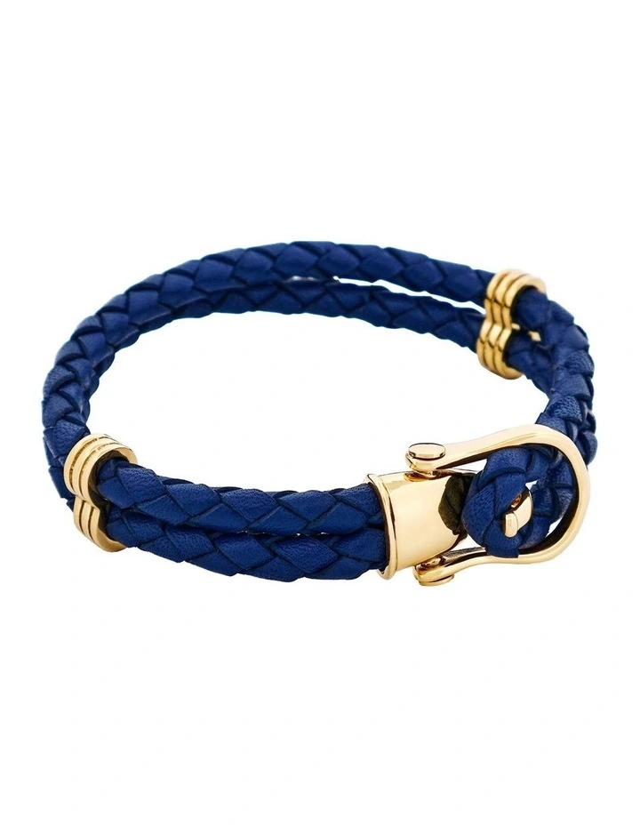 Ion Plated 14k Gold Stainless Steel Leather Buckle Bracelet in Blue image 2