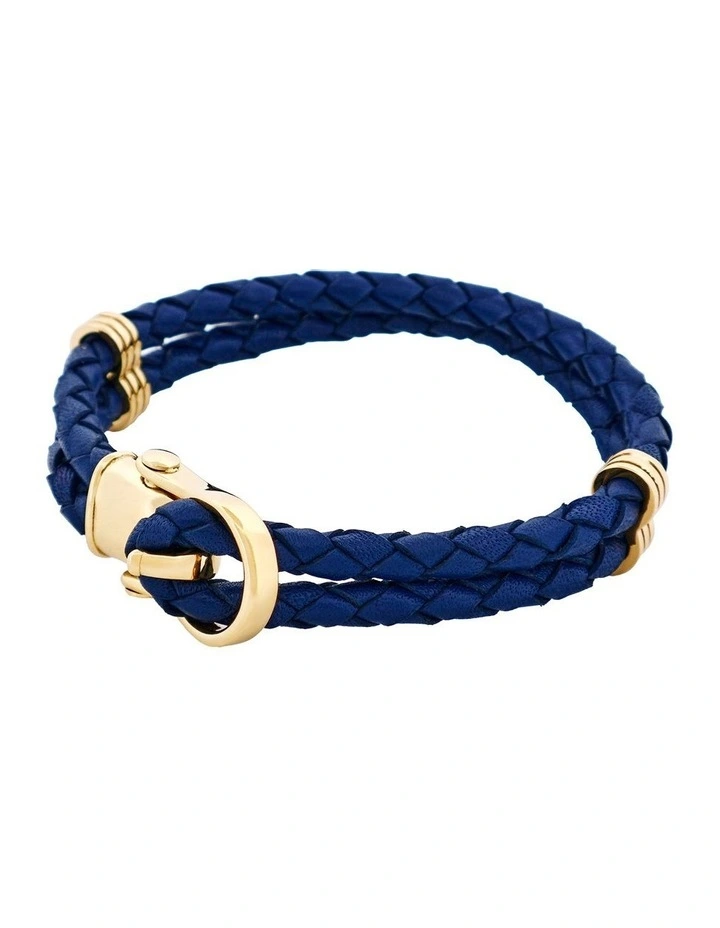 Ion Plated 14k Gold Stainless Steel Leather Buckle Bracelet in Blue image 3