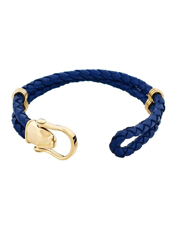 Ion Plated 14k Gold Stainless Steel Leather Buckle Bracelet in Blue image 4