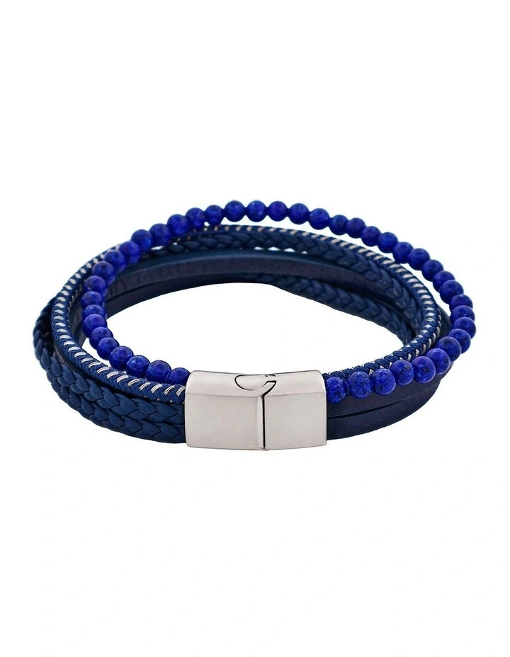 Leather Multi Strand & Lapis Stainless Steel Bracelet in Blue image 1