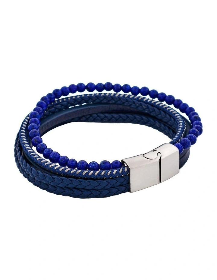 Leather Multi Strand & Lapis Stainless Steel Bracelet in Blue image 2