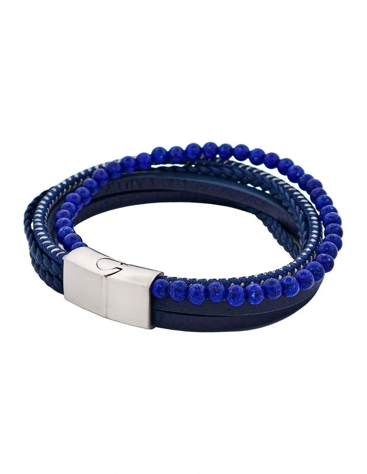 Leather Multi Strand & Lapis Stainless Steel Bracelet in Blue image 3