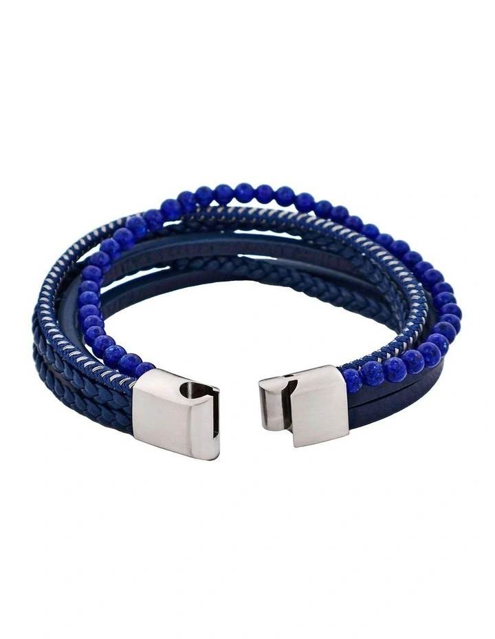 Leather Multi Strand & Lapis Stainless Steel Bracelet in Blue image 4