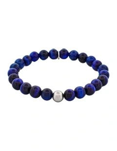 8mm Tiger Eye Stainless Steel Bead Bracelet in Blue