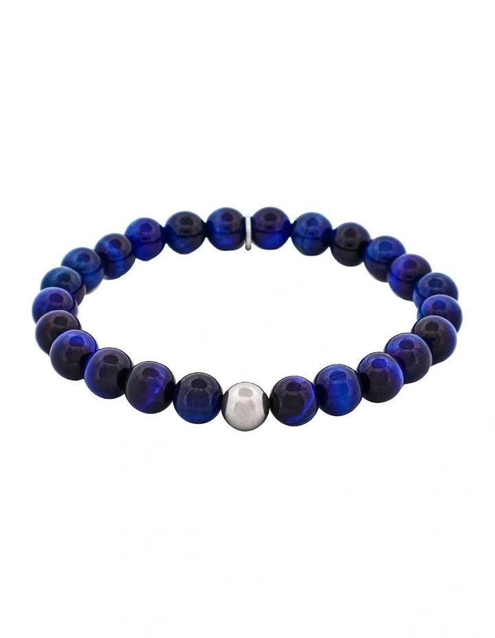 8mm Tiger Eye Stainless Steel Bead Bracelet in Blue image 1