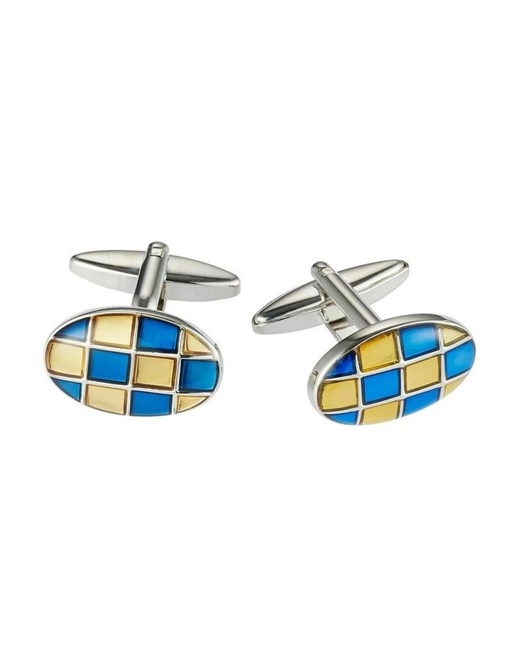 Cudworth Enamel Check Oval Cufflinks In Blue/Gold MYER
