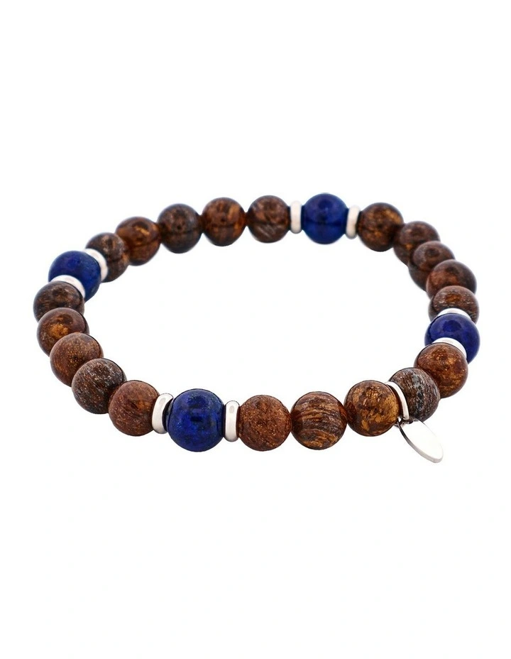 Bronzite & Lapis Stainless Steel Beaded Bracelet 8mm in Bronze image 2