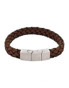 Braided Antique Italian Suede Leather & Brushed Stainless Steel Bracelet in Brown