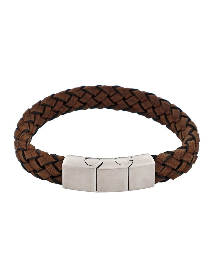 Braided Antique Italian Suede Leather & Brushed Stainless Steel Bracelet in Brown image 1