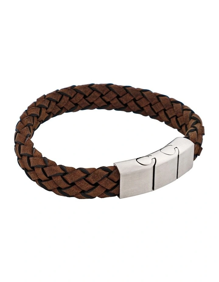 Braided Antique Italian Suede Leather & Brushed Stainless Steel Bracelet in Brown image 2