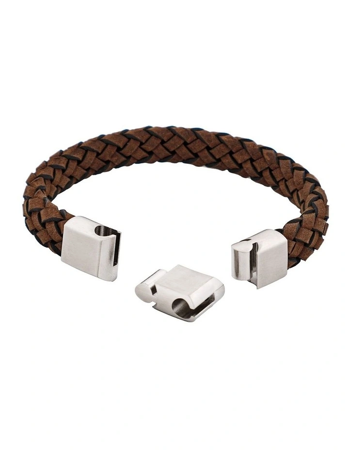 Braided Antique Italian Suede Leather & Brushed Stainless Steel Bracelet in Brown image 4