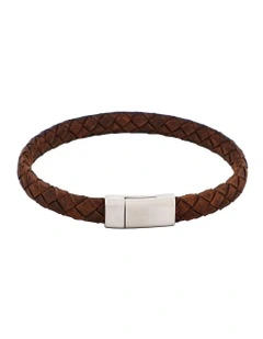 Thin Italian Leather & Stainless Steel Bracelet in Brown
