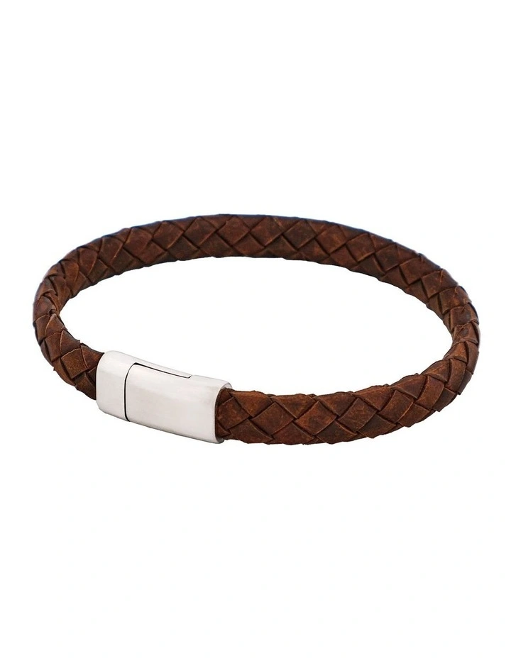 Thin Italian Leather & Stainless Steel Bracelet in Brown image 3