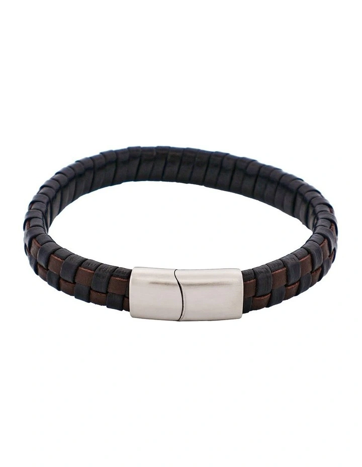 Braided Leather & Steel Bracelet in Brown & Black image 1