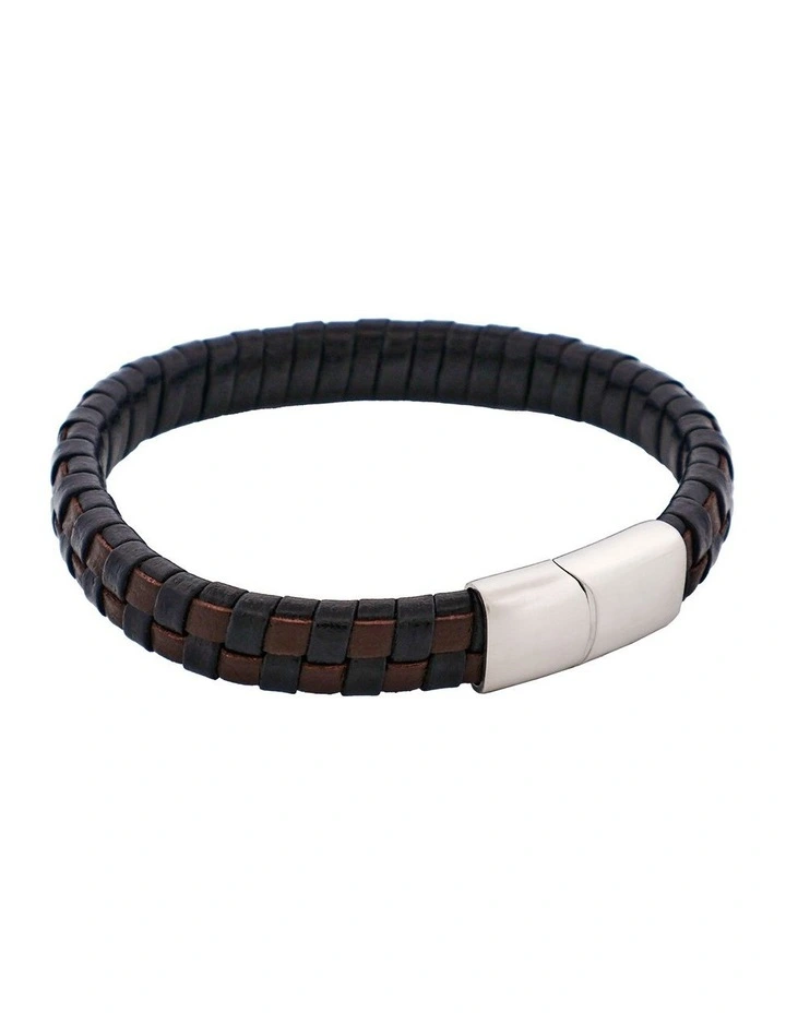 Braided Leather & Steel Bracelet in Brown & Black image 2