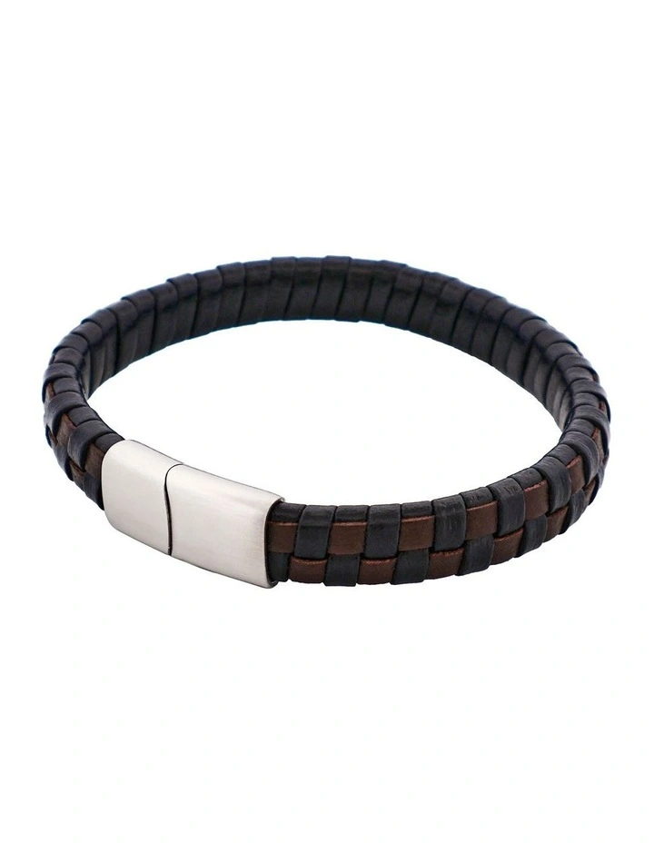 Braided Leather & Steel Bracelet in Brown & Black image 3