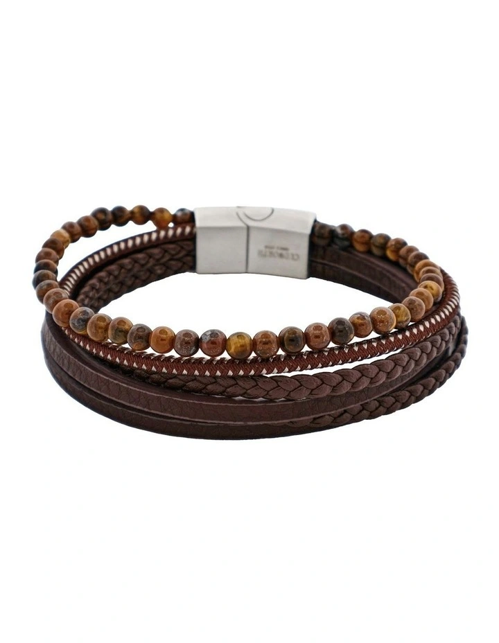 Leather Multi Strand & Tiger Eye Stainless Steel Bracelet in Brown image 1