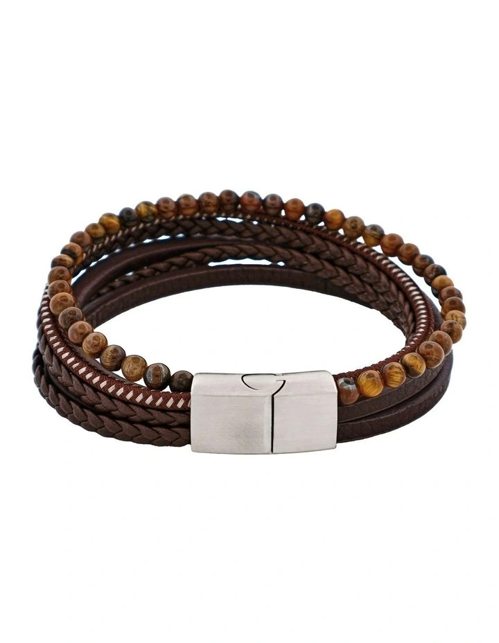 Leather Multi Strand & Tiger Eye Stainless Steel Bracelet in Brown image 3