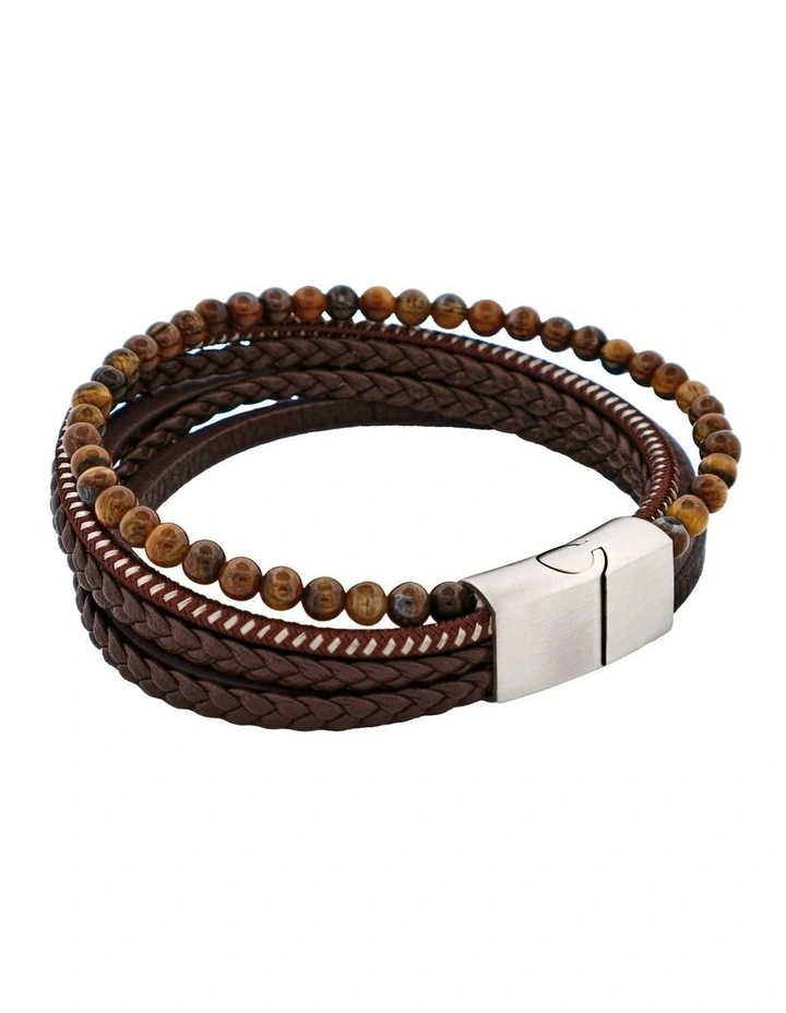 Leather Multi Strand & Tiger Eye Stainless Steel Bracelet in Brown image 4
