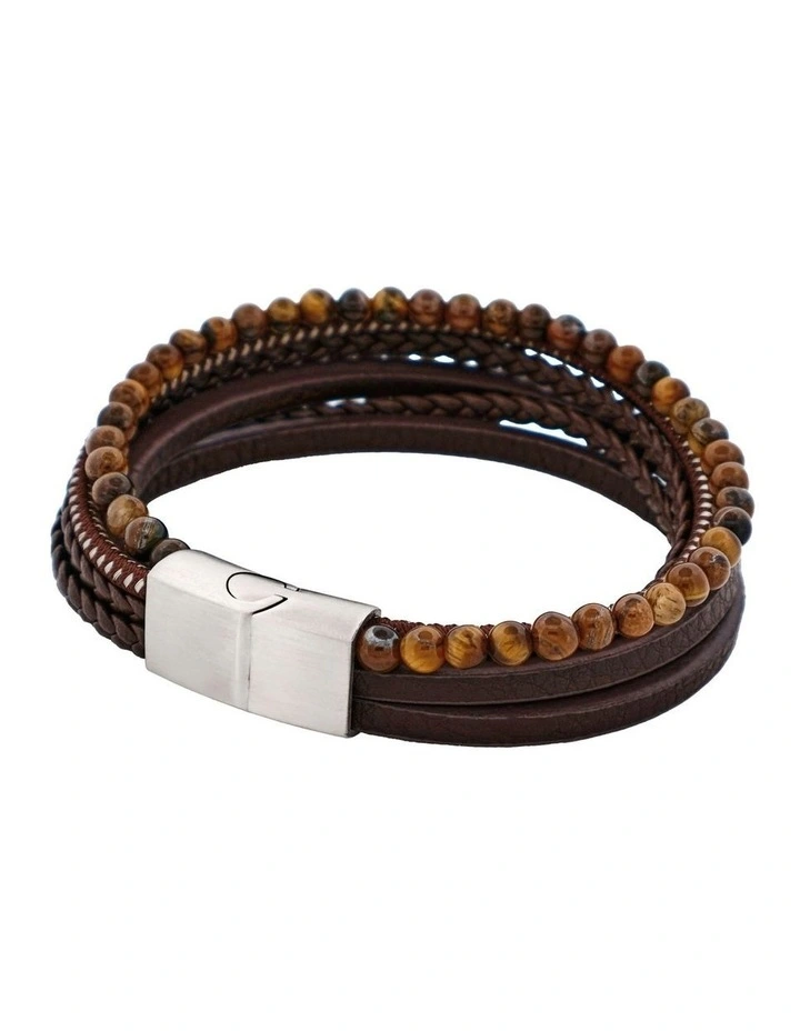 Leather Multi Strand & Tiger Eye Stainless Steel Bracelet in Brown image 5