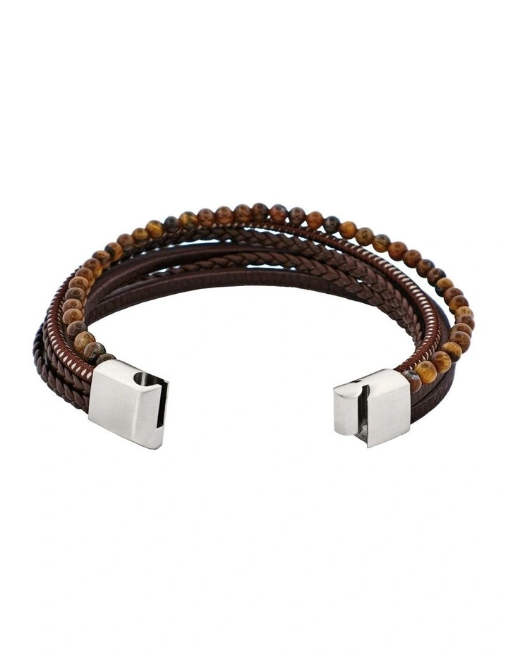 Leather Multi Strand & Tiger Eye Stainless Steel Bracelet in Brown image 6