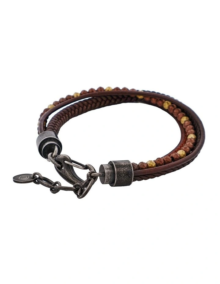 Multi-Strand Leather & Hematite Beads Bracelet in Brown image 3
