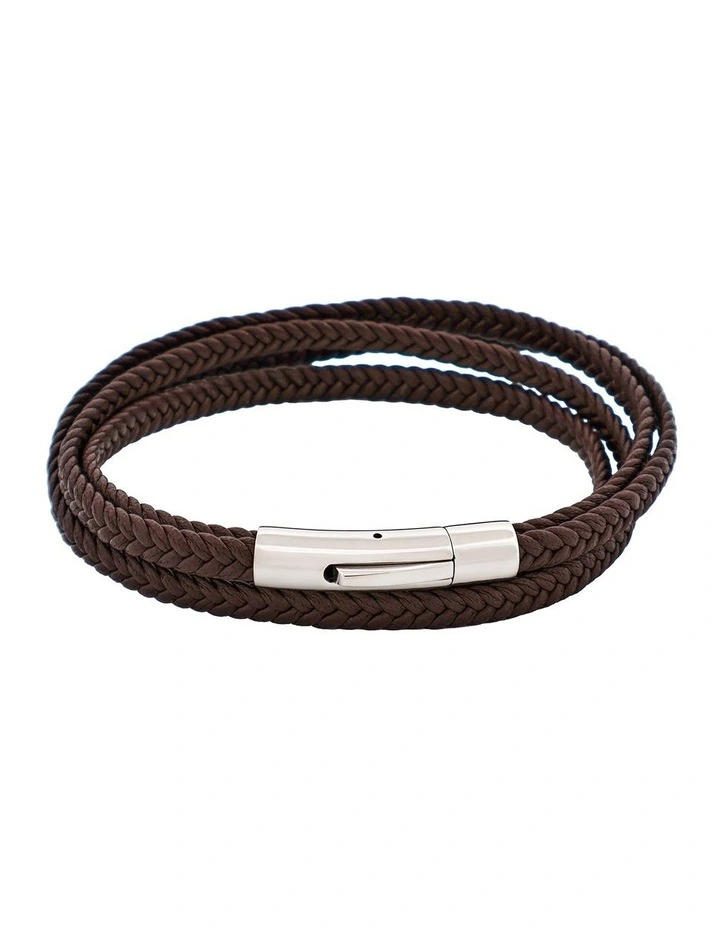 Stainless Steel & Leather Double Strand Bracelet in Brown image 1