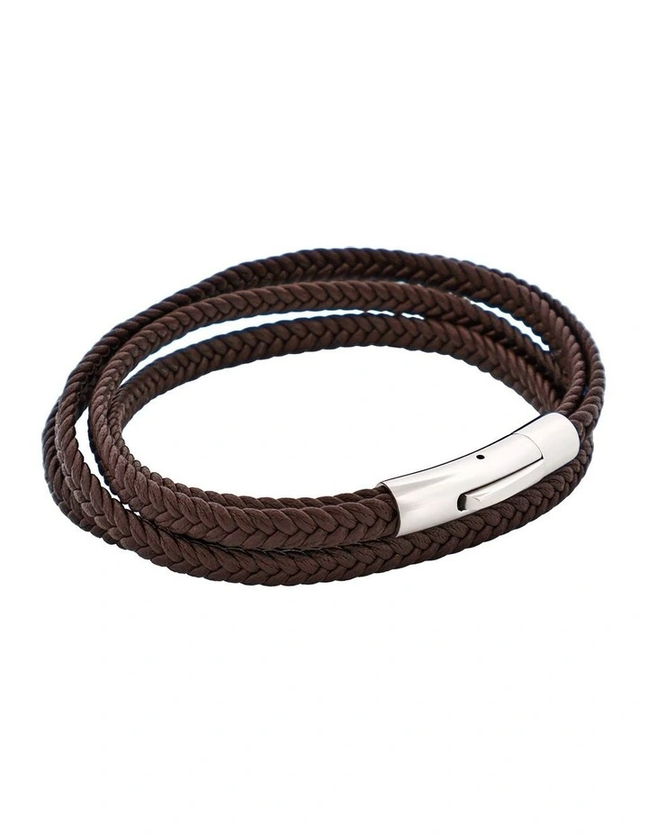 Stainless Steel & Leather Double Strand Bracelet in Brown image 2