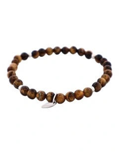 Tiger Eye Beaded & Stainless Steel Ball Bracelet in Brown
