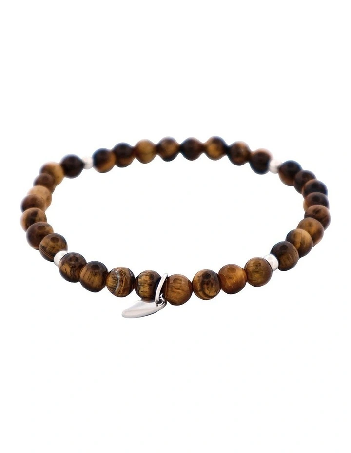 Tiger Eye Beaded & Stainless Steel Ball Bracelet in Brown image 1