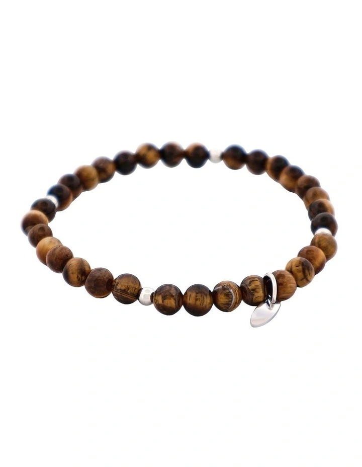 Tiger Eye Beaded & Stainless Steel Ball Bracelet in Brown image 2